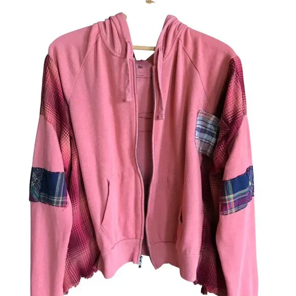 Coral Patchwork Upcycled Hoodie, Size M-L: Boho Cottagecore Zip-Up Jacket - Picture 2 of 15